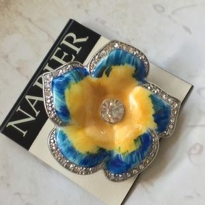 Blue and Yellow with Crystal Floral Pin by Napier